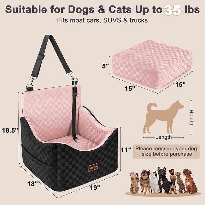 Elevated Dog Car Seat for Small/Medium Dogs up to 35 lbs, Memory Foam Booster Seat with Detachable Washable Cover, Travel-Safe Car Bed with Safety Belts & Storage Pockets, Pink