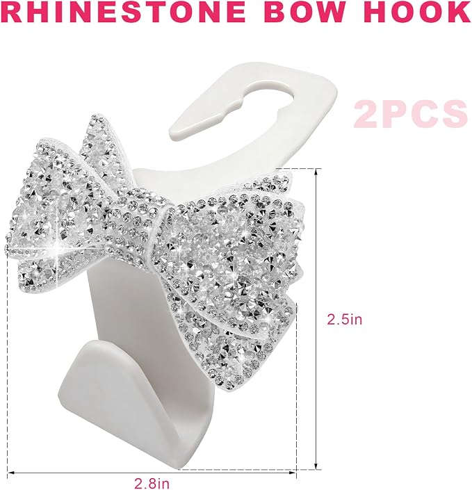 2PCS Bling Bow Car Seat Headrest Hooks, S-Type Crystal Auto Rear Seat Organizer for Handbags Purses Groceries, Cute Rhinestone Bow Seats Back Storage Hook for SUV Truck Sedan (White)