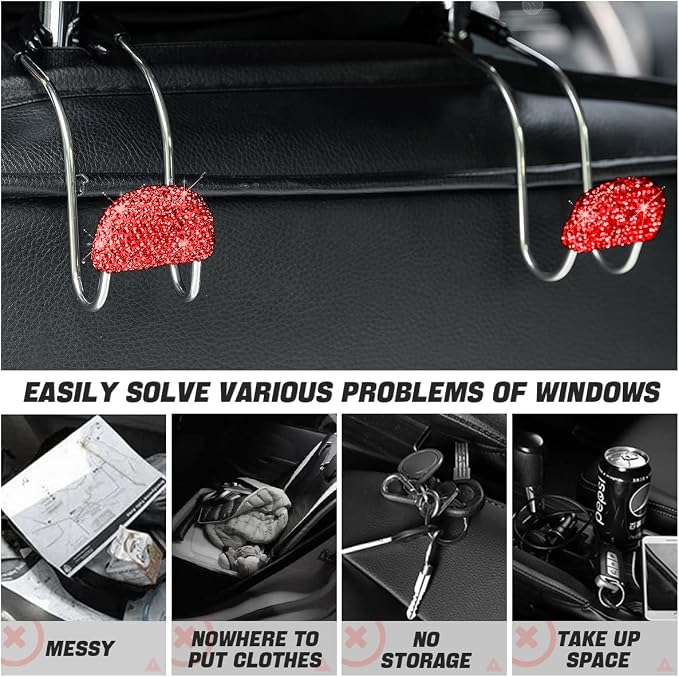 Car Headrest Hook, 2 Pack Bling Backseat Organizer Hanger for Purse Clothes Grocery Bag, Rhinestones Auto Headrest Storage Holder, Universal Car Seat Accessories for Most Vehicle (Red)