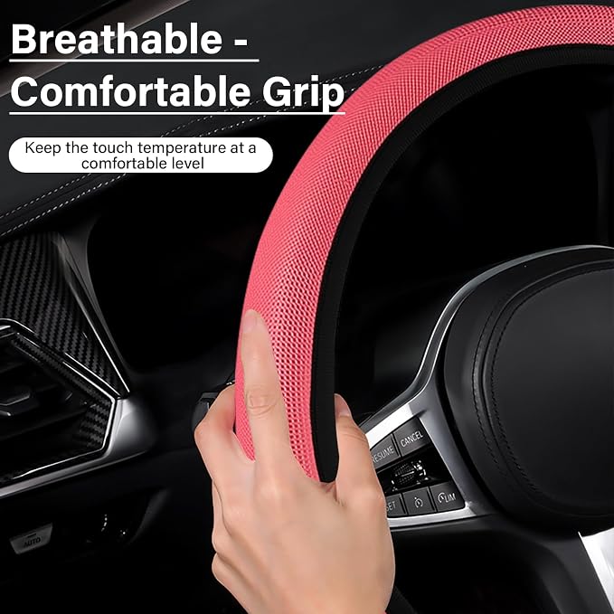 Red Mesh Steering Wheel Cover, Universal 15 inch, Elastic Stretch Microfiber Breathable Ice Silk Cover, Anti-Slip, Odorless, Sweat Absorption, Warm in Winter and Cool in Summer