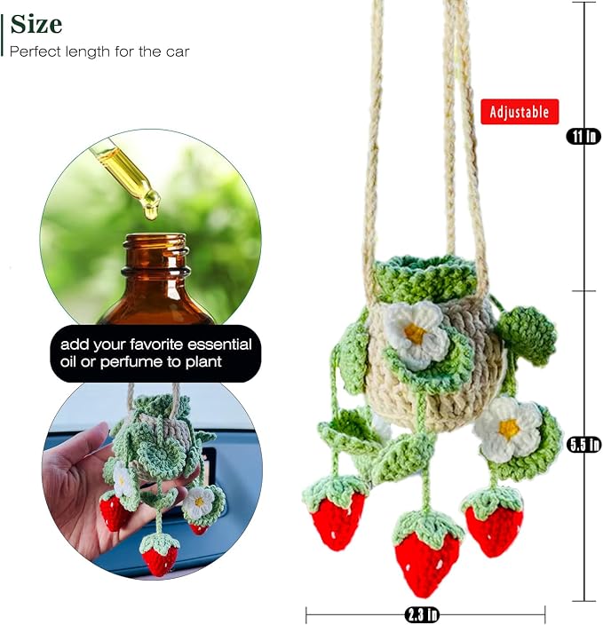 Cute Crochet Plant for Car Rear View Mirror,Boho Hanging Accessories Decor | Handmade Pendant for Women Girls,Green Interior Aesthetic Truck Hanger Ornament Charm for Men (Red Strawberry Plant)