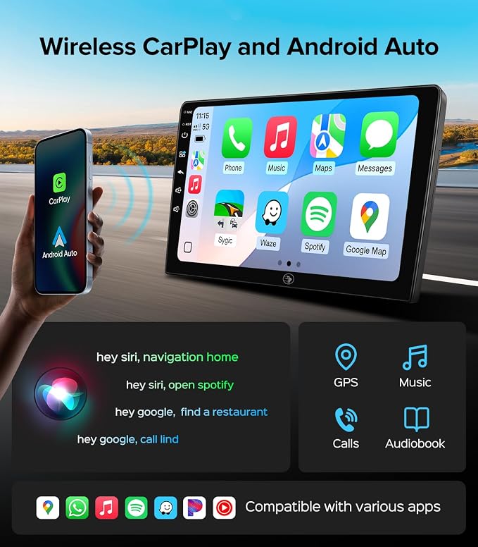 QLED Linux Car Stereo for Toyota Highlander 2008-2014 - Fast Boot Wireless CarPlay & Android Auto Radio, AHD 1080P Backup Camera, Bluetooth, SWC, AM/FM, Dash Kit Replacement