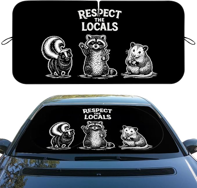 Funny Raccoon Car Window Sun Shield Respect Locals Wildlife Humor Front Window Sun Shade Blocks UV Rays Sun Visor Protector for Car Sedan Truck SUV Accessories 59" L x 31.5" W