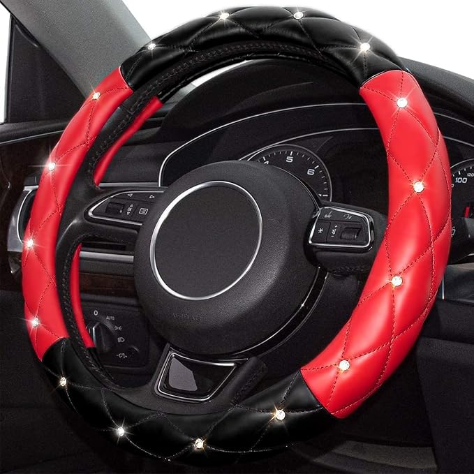 Black Red Steering Wheel Cover, Universal Car Steering Wheel Protector with Crystal Rhinestones Anti-Slip Soft Interior Accessories for Women and Girl Fit 14.5-15 inch