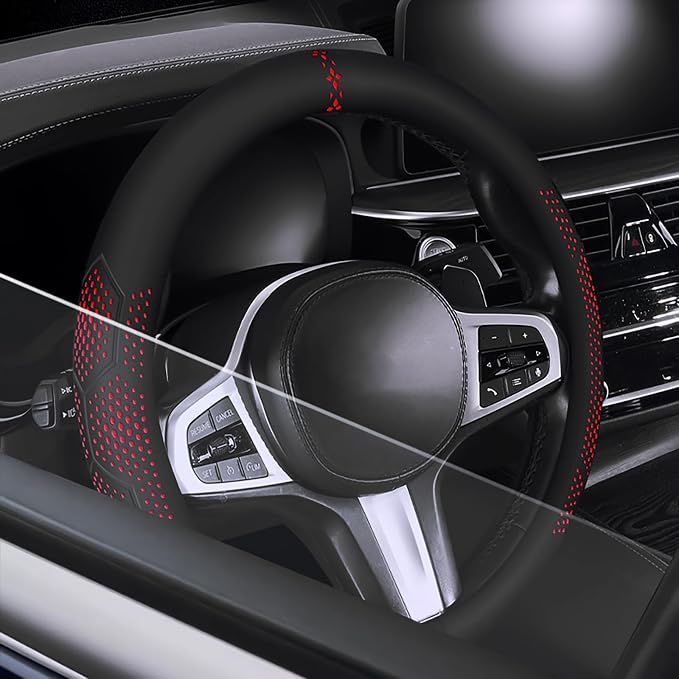 Car Leather Steering Wheel Cover - Panapi Material, Universal 14.5-15 Inch Leather Anti-Slip Breathable Auto Steering Wheel Covers for Men Women (Wave Point-Red)