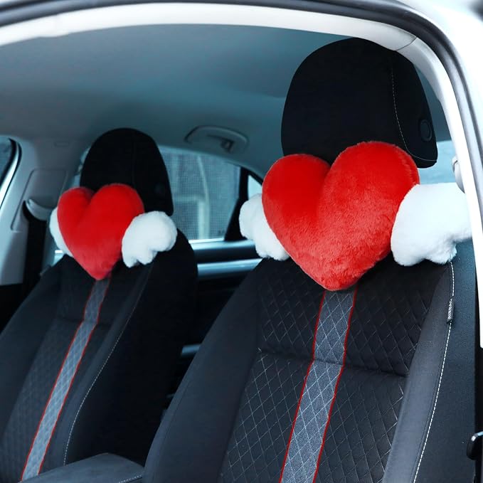 2 Pcs Plush Heart Shaped Pillow with Angel Wings Car Headrest Soft Comfortable Seat Pillow for Driving Travelling Room Office Car Decor, 19.7 x 8.3 Inch(Red)