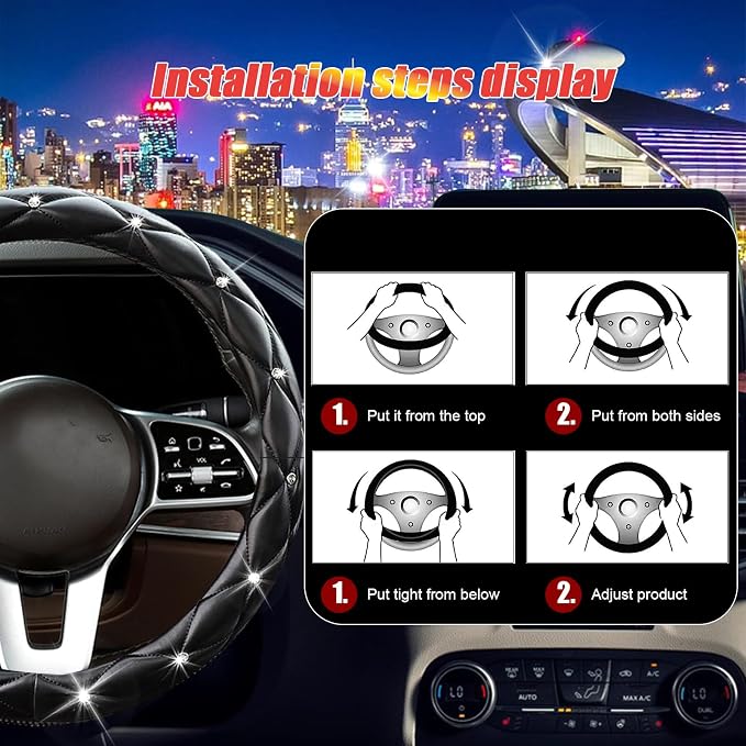 Black Steering Wheel Cover 2026, Auto Cute Girly Diamond Bling Comfort Leather Car Interior Accessories Protector Sparkly Automotive Decoration for Women Men
