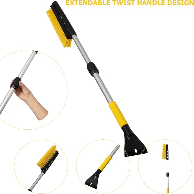 30–37" Extendable Snow Brush & Ice Scraper with Non-Slip Foam Grip Aluminum Handle, Scratch-Free Bristles, 2-in-1 Winter Car Tool, Yellow