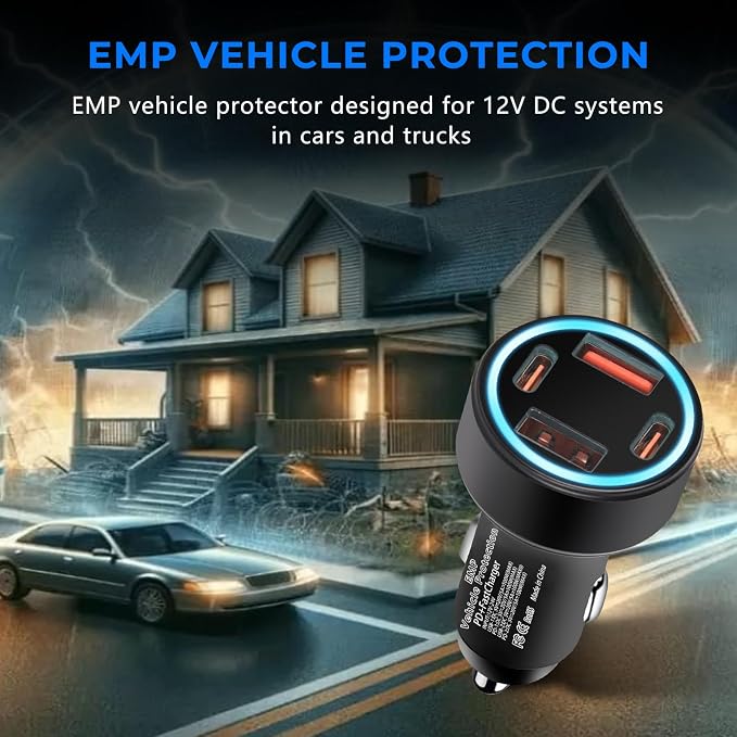 EMP Vehicle Protection, Protector Comes with 2 USB and 2 PD Interfaces, Lightning, Solar Flare and Surge Protection, Suitable for 12-Volt DC in Cars and Trucks