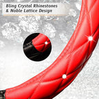 Diamond Soft Leather Steering Wheel Cover with Bling Bling Crystal Rhinestones, Universal 15 inch, Black Red