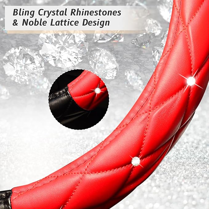 Diamond Soft Leather Steering Wheel Cover with Bling Bling Crystal Rhinestones, Universal 15 inch, Black Red