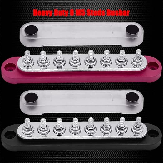 8 x M5 (#10) Studs Power Distribution Block Bus Bar 12V, 5.9" HD 120A Marine BusBar Battery Distribution Block W/Cover for Car Boat Solar (Red & Black)