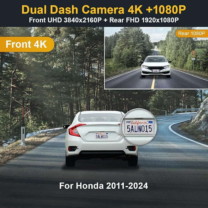 Front 4K+Rear 1080P Dash Cam Suitable for Honda 2011-2024 Vehicle Styles (Rectangle Dome Light), OEM Look, Dual HD Video, Built-in WiFi, Loop Recording, G-Sensor, Easy to Set, 128GB Card