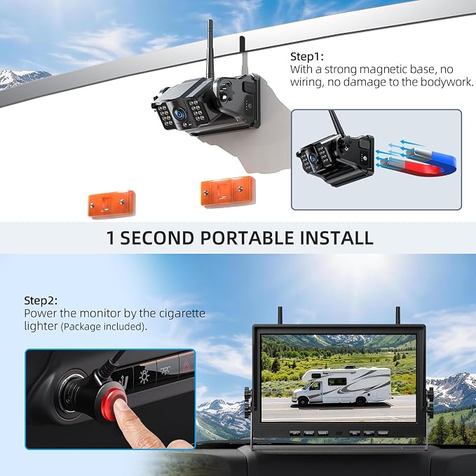 Magnetic Wireless Backup Camera Kit with HD1080P 10” DVR Monitor, Dual RV/Trailer/Truck/Tractor Cameras Wireless System, No Wiring, 9600mAh Rechargeable Battery, IR Night Vision-ACT1002