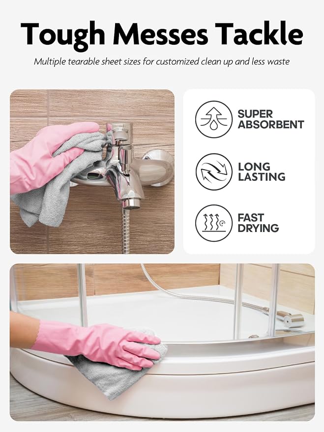 Microfiber Cleaning Cloth Roll -60 Pack, Tear Away Microfiber Towels, 12" x 12", Reusable, Washable, Lint Free, Ultra Absorbent Dishcloth for All-Around Cleaning (Pink & Grey)