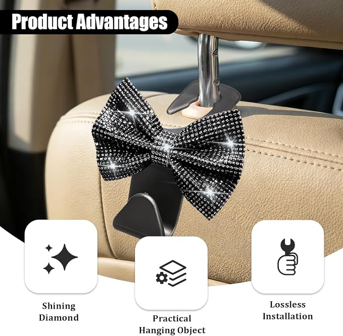 2PCS Bling Bow Car Seat Headrest Hooks, Crystal Rhinestone Vehicle Rear Seat Hanging Storage Hooks for Purses Bags Coats, Auto Headrest Storage Organizer, Universal Fit (Black)