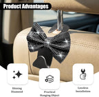 2PCS Bling Bow Car Seat Headrest Hooks, Crystal Rhinestone Vehicle Rear Seat Hanging Storage Hooks for Purses Bags Coats, Auto Headrest Storage Organizer, Universal Fit (Black)