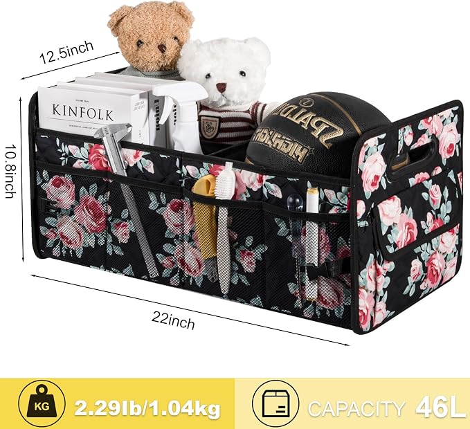 Car Trunk Organizers and Storage for SUV, Collapsible Multi Compartment Container Box Adjustable Car Accessories for Women Men, Black Floral