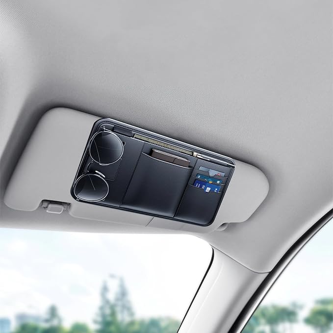 Car Visor Organizer, Multi-Functional Sun Visor Organizer, Black PVC Compact Design, Includes Pocket for Documents, Glasses Holder, Ideal for Most Vehicles