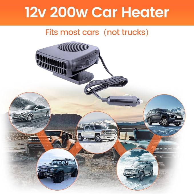 12V Car Heater,200W Portable Car Heater 360° Rotatable Car Defroster Windshield Heater Plug into Cigarette Lighter for Vehicle RV SUV (Large)