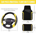 Leather Steering Wheel Cover and Waterproof Car Floor Mats,Microfiber Universal Car Combo Fit for 95% Sedan SUV Van Truck,14.5-15 inch Sporty Anti-Slip Safety Comfortable Design, Black＆Yellow