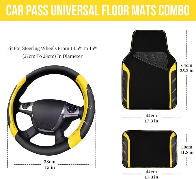Leather Steering Wheel Cover and Waterproof Car Floor Mats,Microfiber Universal Car Combo Fit for 95% Sedan SUV Van Truck,14.5-15 inch Sporty Anti-Slip Safety Comfortable Design, Black＆Yellow
