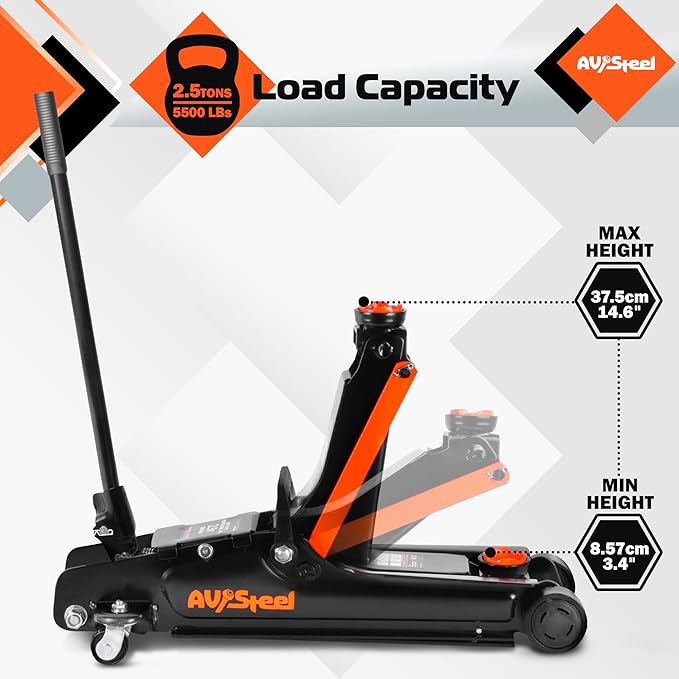 Low Profile Floor Jack 2.5 Ton (5000 lbs), Lift Range 3.4" to 14.6" for Cars & Sedans, Hydraulic Steel Jack with Single Piston Pump - Not for Trucks or SUVs