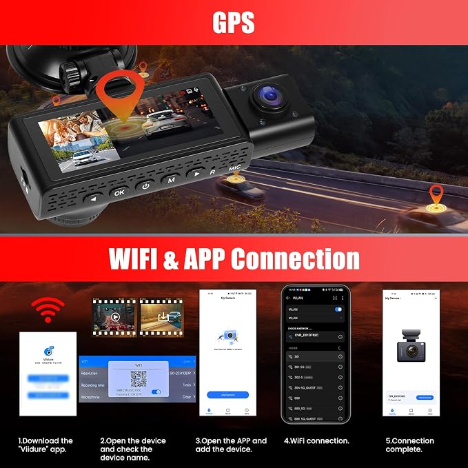 2.5K 3 Channel Dash Cam 360° View,3.16'' DashCam Front and Rear Inside Camera for Cars,WiFi & APP/GPS/Night Vision/Loop Recording/G-Sensor/24H Parking Mode/Suction Cup,Included 64G Card