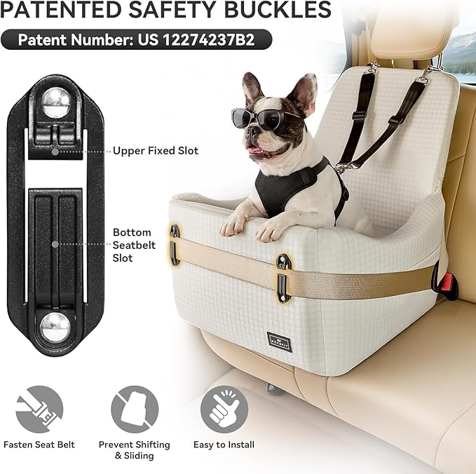 Dog Booster Car Seat for Small/Medium Dogs Up to 35 lbs – Patented Safety System, 5" Memory Foam Pet Car Seat, Fully Detachable and Washable Cover, Front/Back Seat Travel Booster (Beige)