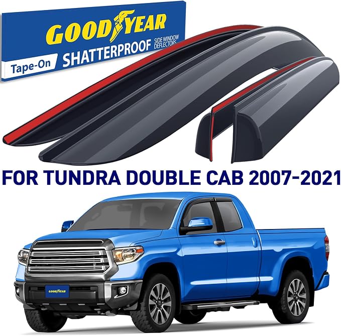 Goodyear Shatterproof Window Deflectors for Toyota Tundra 2007-2021 Double Cab, Tape-on Rain Guards, Window Visors, Vent Deflector Visor, Car Accessories, 4 pcs. - GY008930