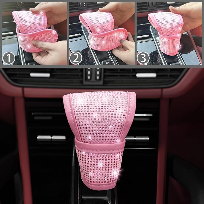 8 pcs Pink Bling Car Accessories Set for Women, Steering Wheel Cover, Sparkly Seat Belt Covers, Bling Gear Shift Cover, Universal Fit Most Cars (All Pink Diamond)