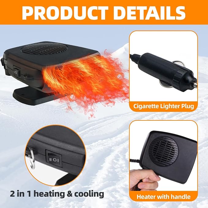 Car Heater, 12V 200W Powerful Portable Defroster Defogger, 2026 New Upgrade 2-in-1 Heater and Cool Fan with 360° Rotation, Plug into Cigarette Lighter