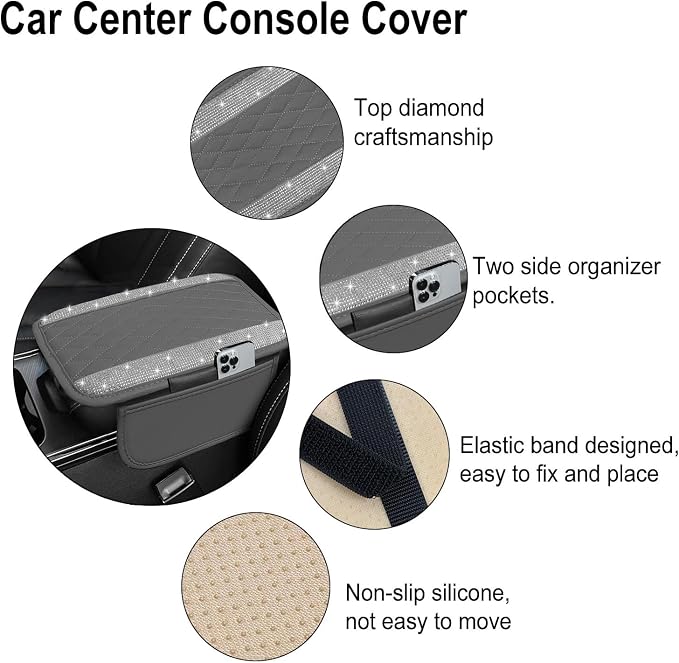 Bling Grey Car Center Console Cover, Leather Car Arm Rest Cover with 2 Storage Bags, Universal Auto Armrest Protector Storage Box, Bling Accessories Interior for Most Vehicles