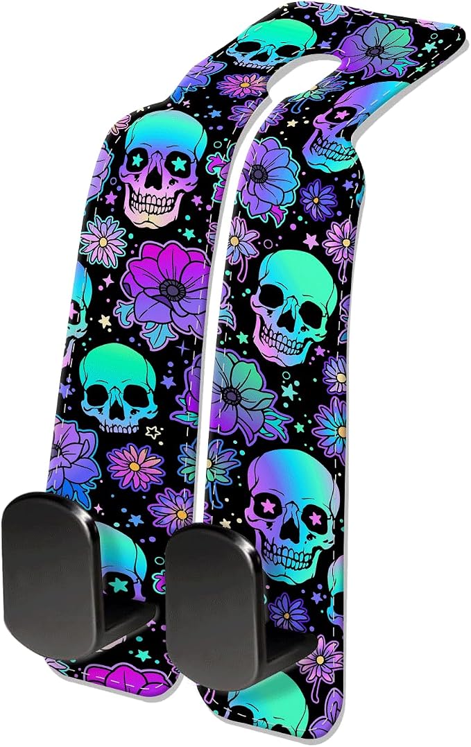 Car Seat Headrest Hook, Universal Leather Cute Hanger Holder Hook, Storage Organizer Interior Accessories for Purse Bags Handbag Purple Cute Skulls