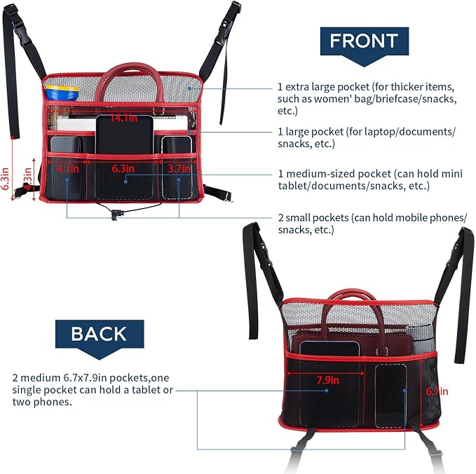 Car Seat Organizer Seat Back Storage Bag, Car Net Pocket Handbag Holder, Barrier of Backseat Dog Pet Kids for Car, Automotive Consoles Purse Holder, Black+Red Line