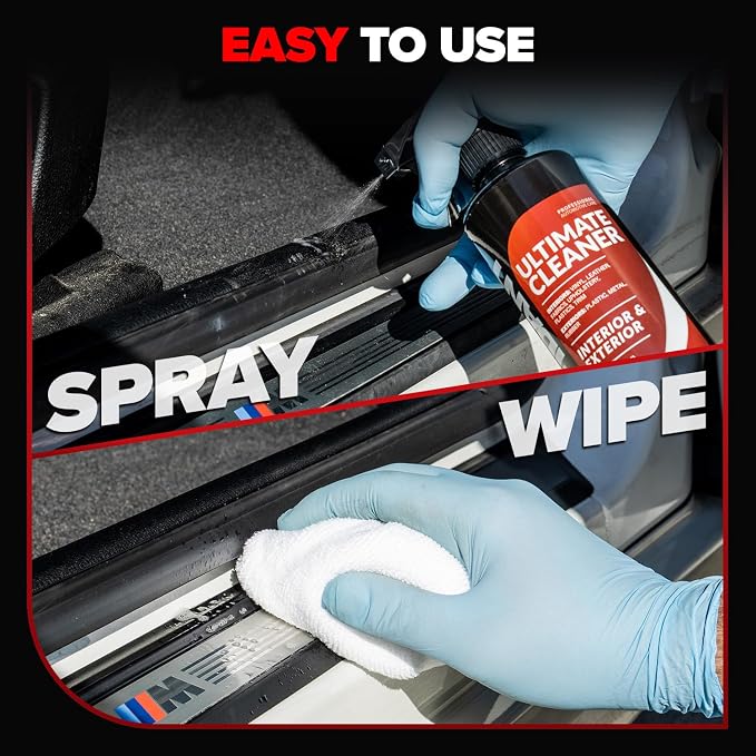 Car Interior Cleaner – Stain Remover & Odor Eliminator – No Residue Finish – Safe on Leather, Fabric, Carpet & Plastic – Detailing Spray with Microfiber Towel – 18oz