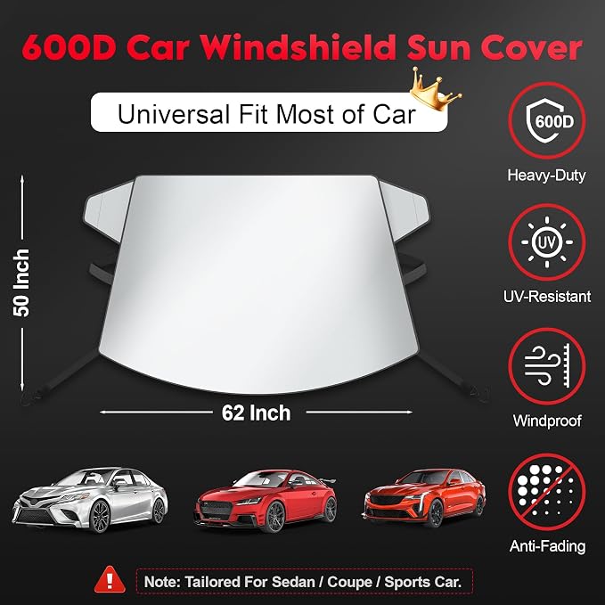 Car Windshield Sun Cover - 600D Windshield Sun Shade Window Cover Heavy Duty & UV Resistant, Outside Summer Sunshade Protector for Most Sedan Cars (62 x 50 Inch)