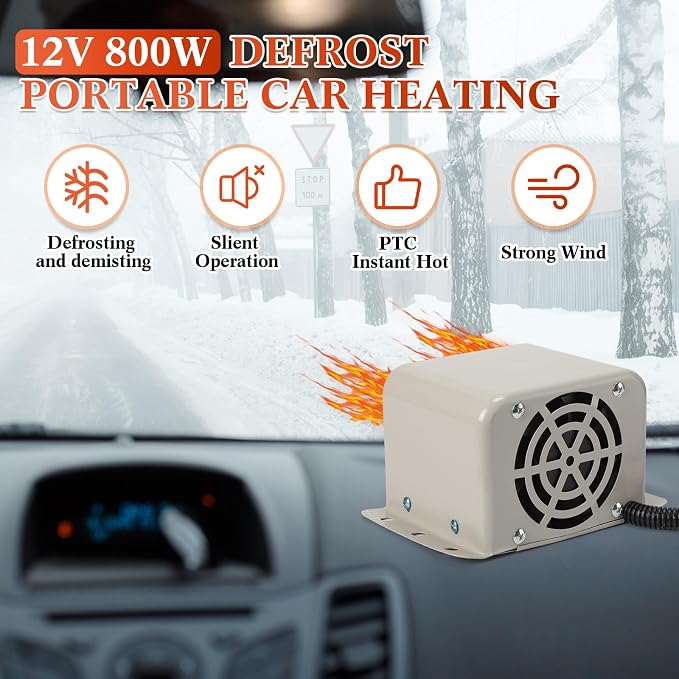 12V 800w Car Heater 2 Hole Portable Windshield Defroster Kit Winter Fast Heating Electric Automobile Interior Heaters Low Noise Removing Window Defogger with Cigarette Lighter for 12V Vehicle