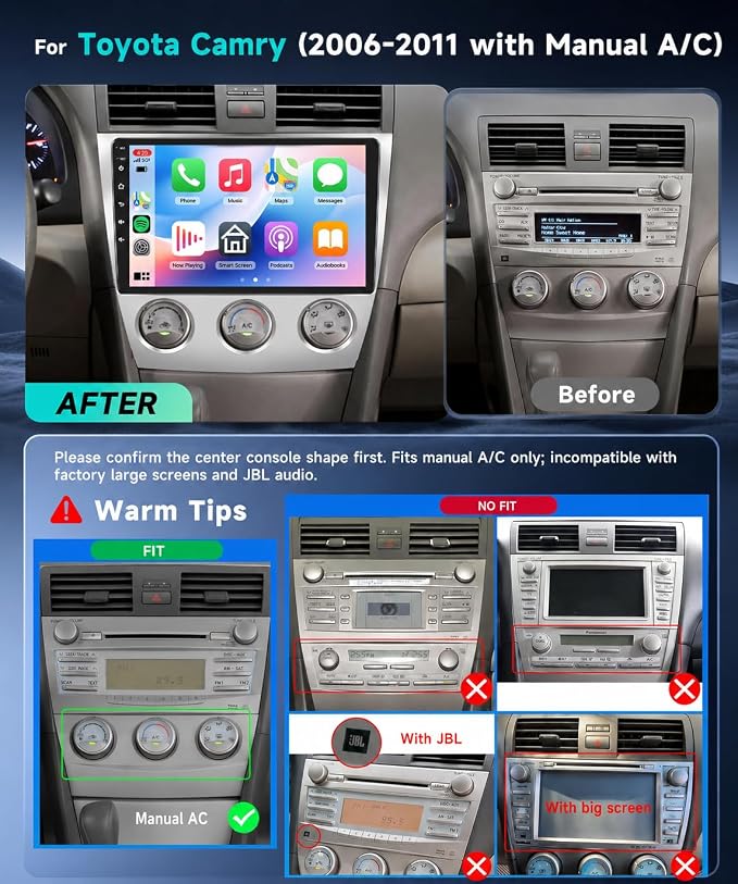 4G+64G for Toyota Camry 2006-2011 with Manual A/C, Car Radio with Wireless Carplay/Android Auto, 10.1 Inch Android 15 Touch Screen Car Stereo, Bluetooth, GPS, WiFi, SWC+ HD Backup Camera