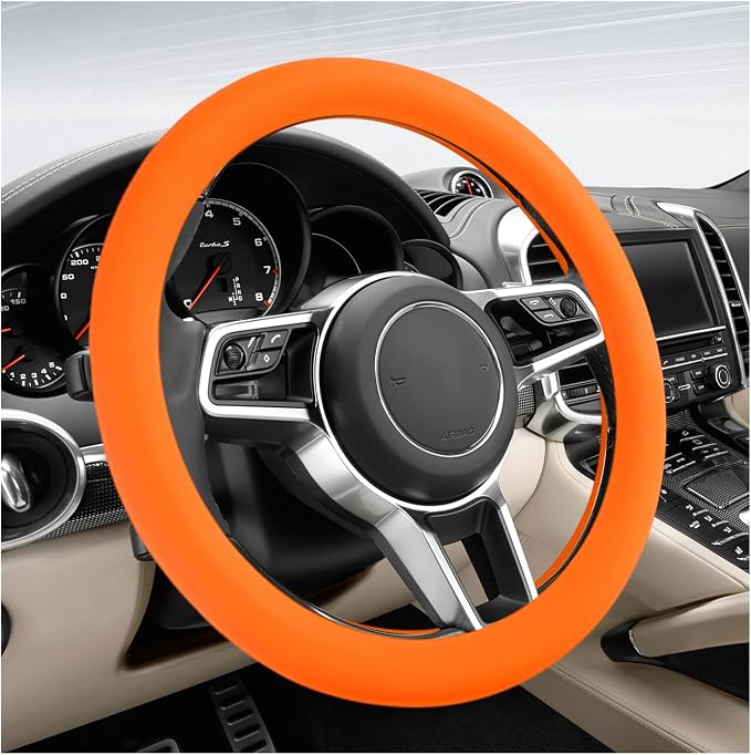 Car Steering Wheel Cover, 13 to 14.17 inches Anti-Slip Silicone Steering Wheel Protector, Soft Flexible Shock-Absorbent Steering Wheel Protective Cover for Most Car Models (Orange)