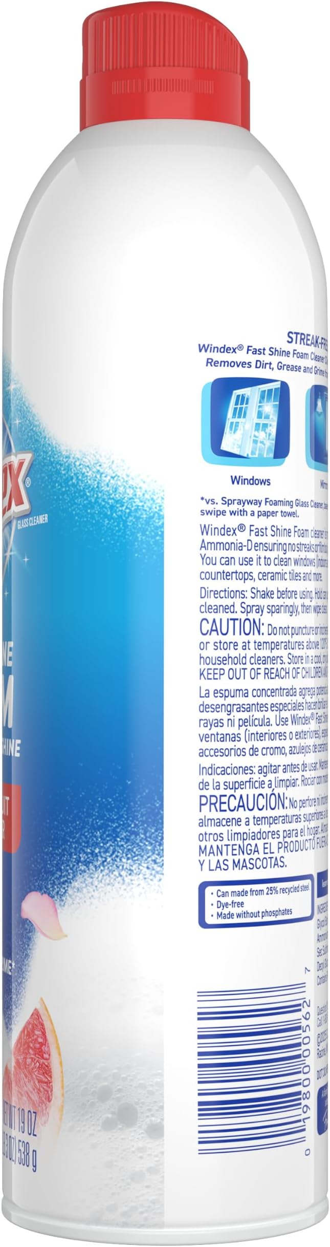 Fast Shine Foam Glass Cleaner, No-Drip Windows, Doors, Mirrors, Countertops Aerosol Cleaning Spray, Streak-Free Shine, Removes Fingerprints, Dust, Dirt, Grapefruit Scent, 19 oz (Pack of 6)