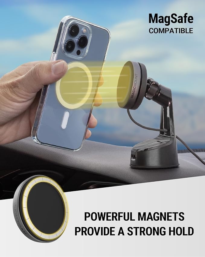 Qi2 MagSafe Car Mount, 15W Wireless Charging Suction Cup Phone Mount, Magnetic Windshield/Dashboard Cell Phone Holder with Fast USB-C Car Charger Compatible with iPhone 16/15/14/13/12, S25
