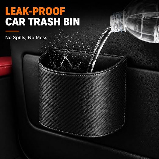 Leather Car Trash Can – Leakproof & Easy-to-Clean Car Garbage Can for Luxury Cars, SUVs & Trucks | Includes 60 Custom Liners, Secure Hook, Easy Install, Carbon Fiber