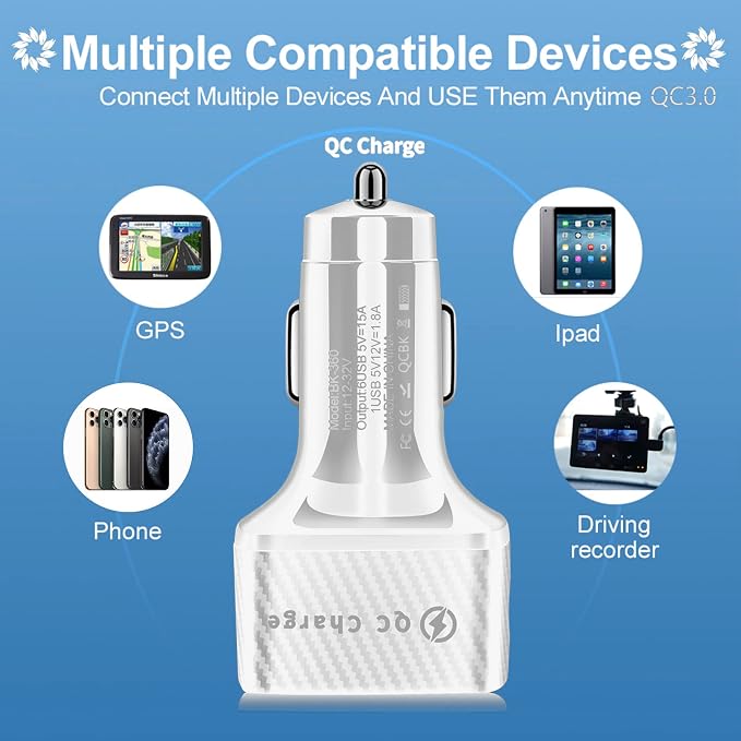 Car Charger Adapter, 6 USB Multi Port, Fast Charger, Include QC 3.0 and 5 Other Ports, Car Interior Accessories, Fit for iPhone 13/12/11/pro, Samsung Galaxy/Note S10/S9/S8 - White（2PCS）