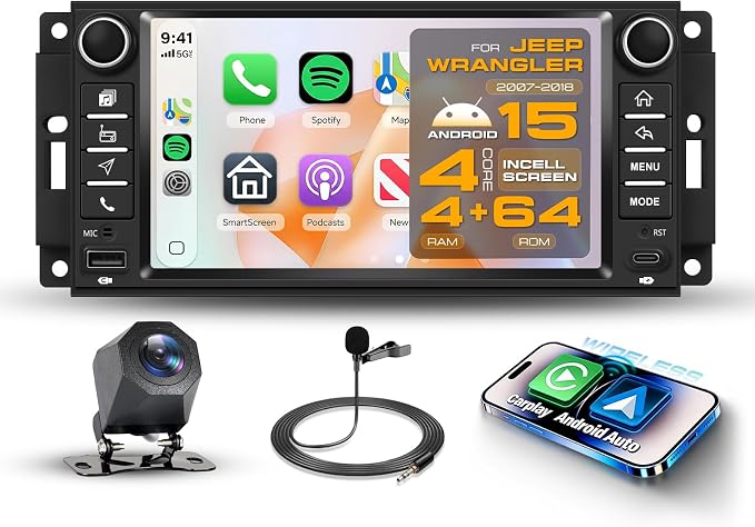 4G+64G Incell Screen Android 15 Car Radio for Jeep Wrangler 2007-2018 Commander Compass Patriot Dodge Avenger Caliber, 7'' Touchscreen Wireless CarPlay Android Auto Backup Cam,GPS BT FM RDS Stereo