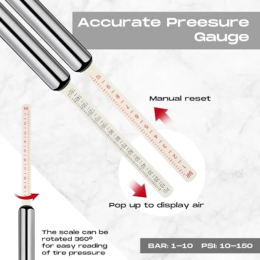 10 Pack Tire Pressure Gauge Silver Heavy Duty Air Pressure Tire Gauge Dual Head Semi Truck Tire Pressure Gauge Range 10-150 Psi, Extended Tube Tire Gauge Suitable for Semi Truck, and Bus