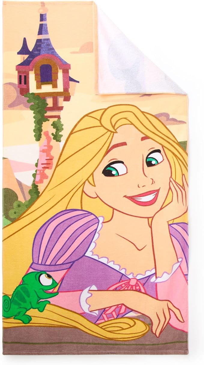 Store Official Rapunzel Beach Towel with the Princess & Pascal Screen Art on Topside - Measures 29" x 58" - Soft & Absorbent for Pool or Beach - Bath Towels for Princess Gifts