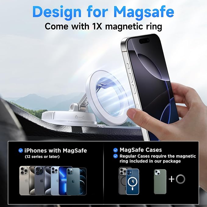 Car Phone Holder for Magsafe [78+LBS Strongest Suction & 2400gf Magnetic] 360° Adjustable Car Phone Mount, Phone Holders for Your Car for iPhone 17 Pro Max 16 15 14 13 12 Air Plus, White