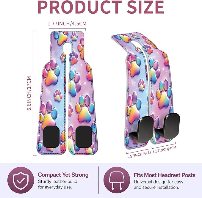 Car Seat Back Storage Hook, Funny Car Purse Hook, Cute Vehicle Storage Organizer for Purses Handbags Cute Pastel Paw