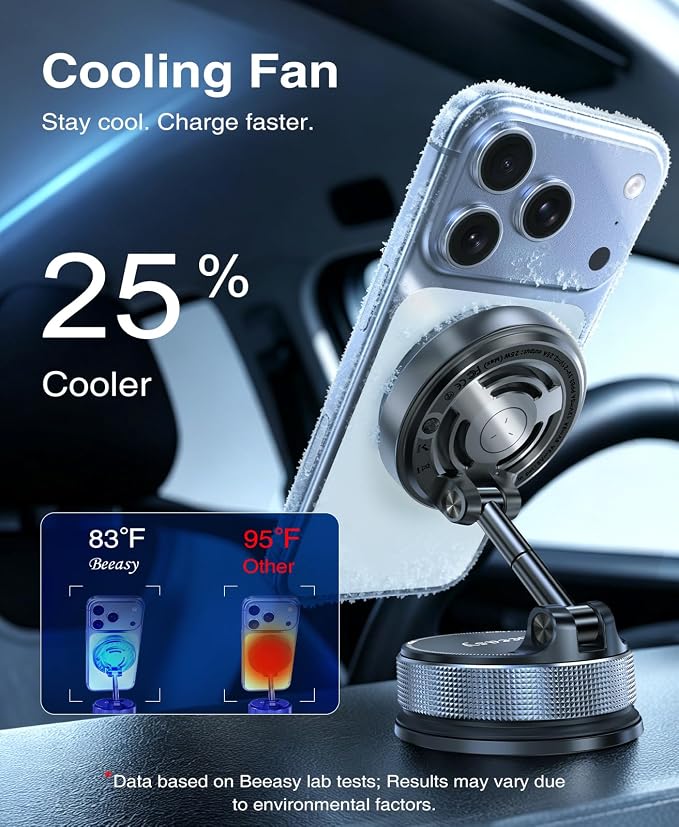 25W Qi2.2 MagSafe Car Mount Charger Built-in Cooling Fan, Upgraded Vacuum Suction Cup 360° Rotation, Magnetic Wireless Car Charger with 63W Adapter for iPhone 17 16 Pro Max Samsung S26 Ultra